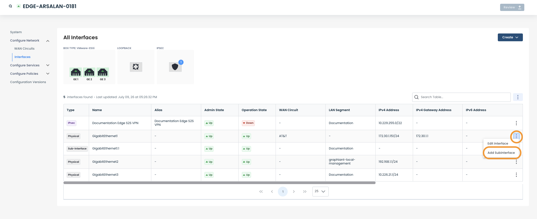 Interface configuration page showing various network settings and options for management.